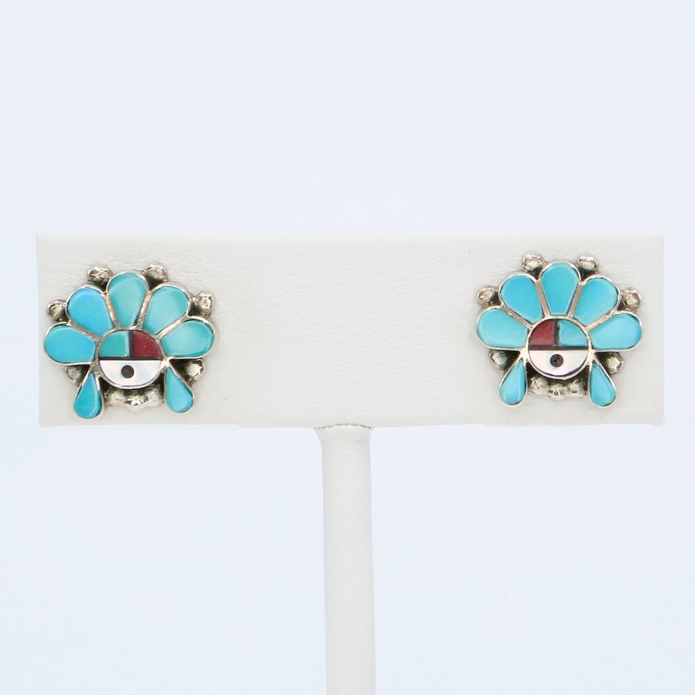 Vintage Handmade Zuni Silver With Multicolor Inlay Sunface Harmony Post Earrings